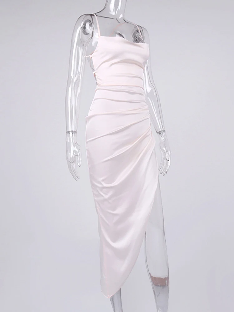 NewAsia Satin Dress Spaghetti Strap Tie up Cowl Neck Backless Split Slim Fit Asymmetrical Maxi Dress Sexy Dresses for Women 2021