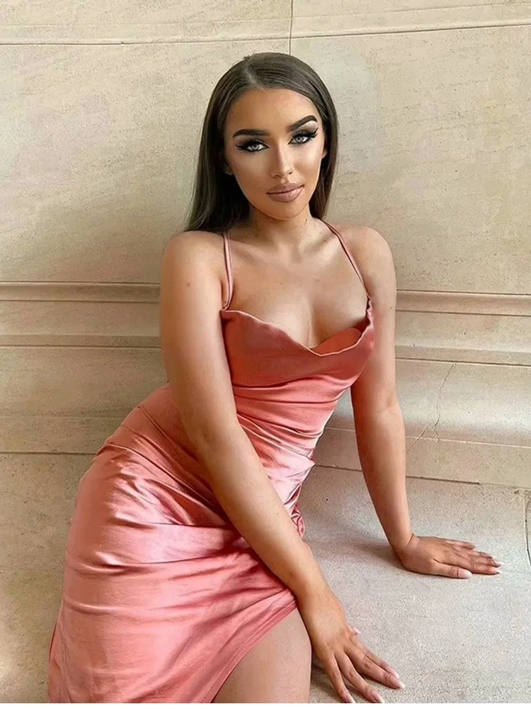 NewAsia Satin Dress Spaghetti Strap Tie up Cowl Neck Backless Split Slim Fit Asymmetrical Maxi Dress Sexy Dresses for Women 2021