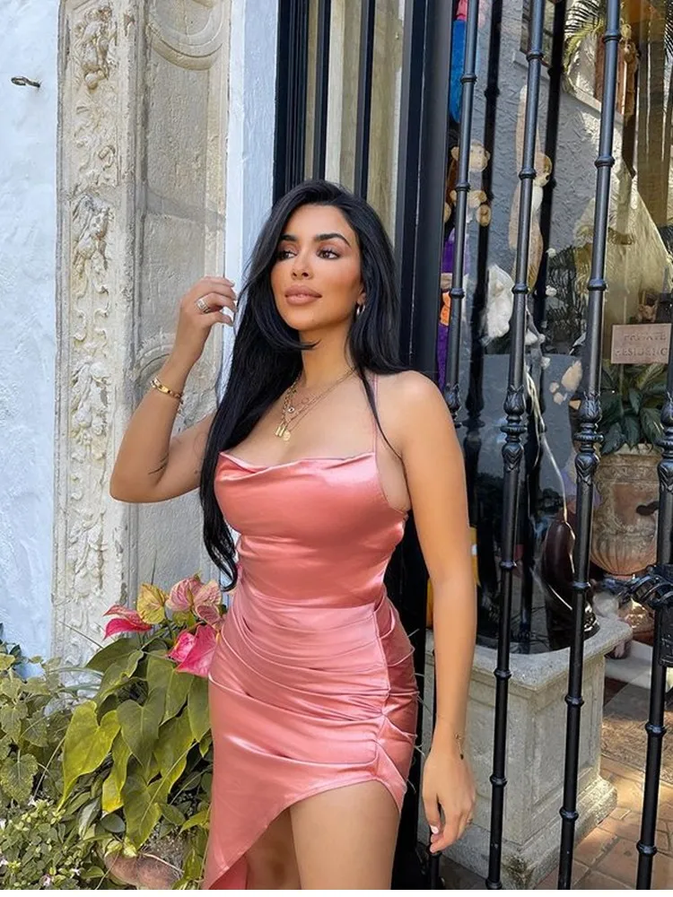 NewAsia Satin Dress Spaghetti Strap Tie up Cowl Neck Backless Split Slim Fit Asymmetrical Maxi Dress Sexy Dresses for Women 2021