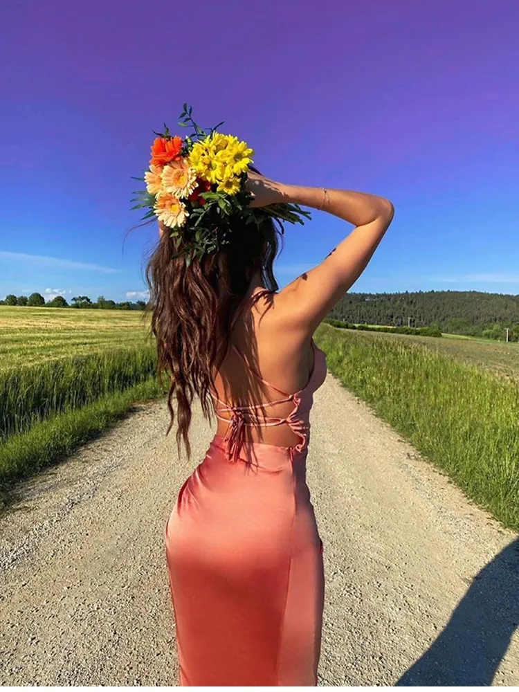 NewAsia Satin Dress Spaghetti Strap Tie up Cowl Neck Backless Split Slim Fit Asymmetrical Maxi Dress Sexy Dresses for Women 2021