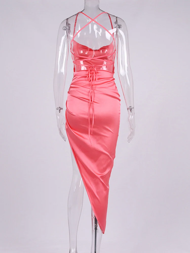 NewAsia Satin Dress Spaghetti Strap Tie up Cowl Neck Backless Split Slim Fit Asymmetrical Maxi Dress Sexy Dresses for Women 2021