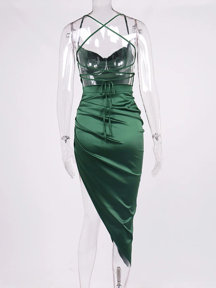 NewAsia Satin Dress Spaghetti Strap Tie up Cowl Neck Backless Split Slim Fit Asymmetrical Maxi Dress Sexy Dresses for Women 2021