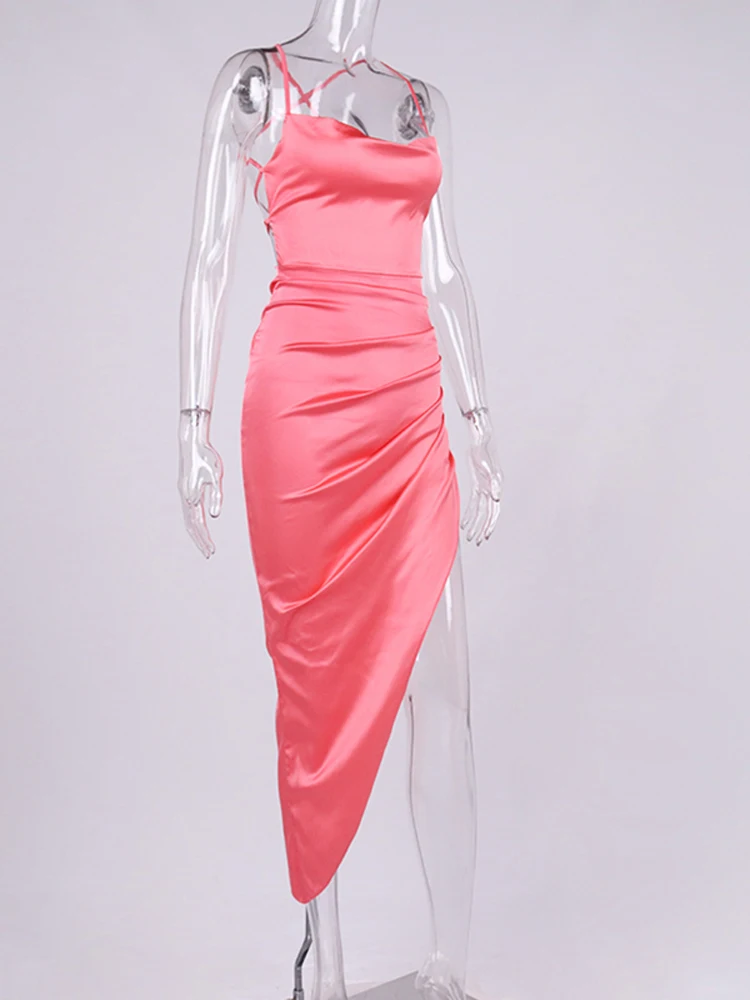 NewAsia Satin Dress Spaghetti Strap Tie up Cowl Neck Backless Split Slim Fit Asymmetrical Maxi Dress Sexy Dresses for Women 2021