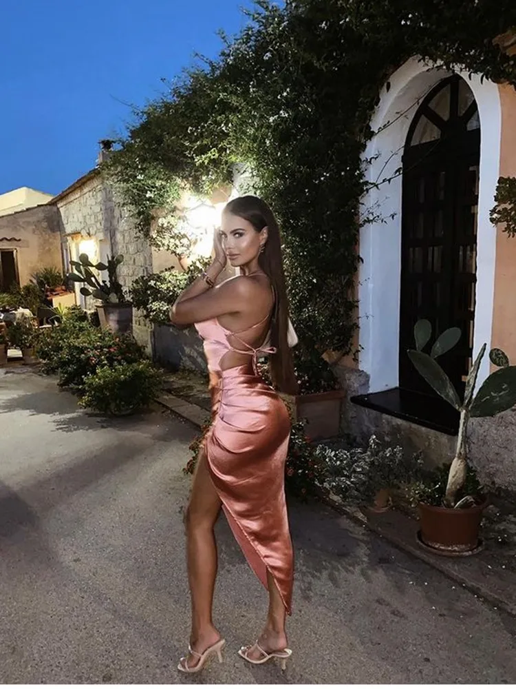NewAsia Satin Dress Spaghetti Strap Tie up Cowl Neck Backless Split Slim Fit Asymmetrical Maxi Dress Sexy Dresses for Women 2021