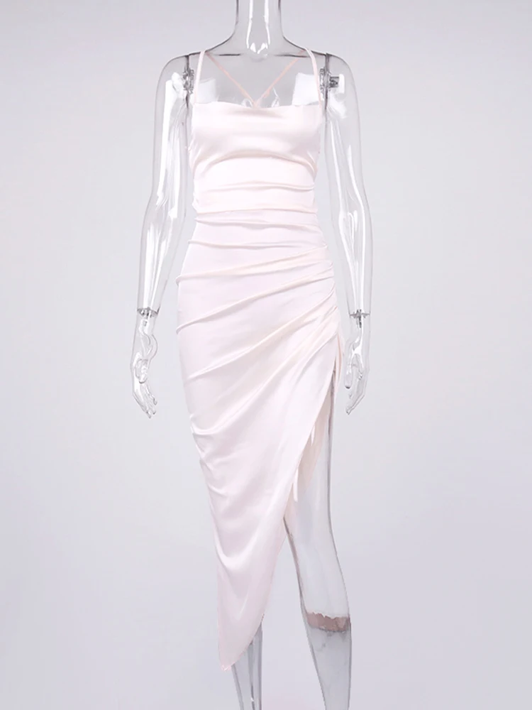 NewAsia Satin Dress Spaghetti Strap Tie up Cowl Neck Backless Split Slim Fit Asymmetrical Maxi Dress Sexy Dresses for Women 2021