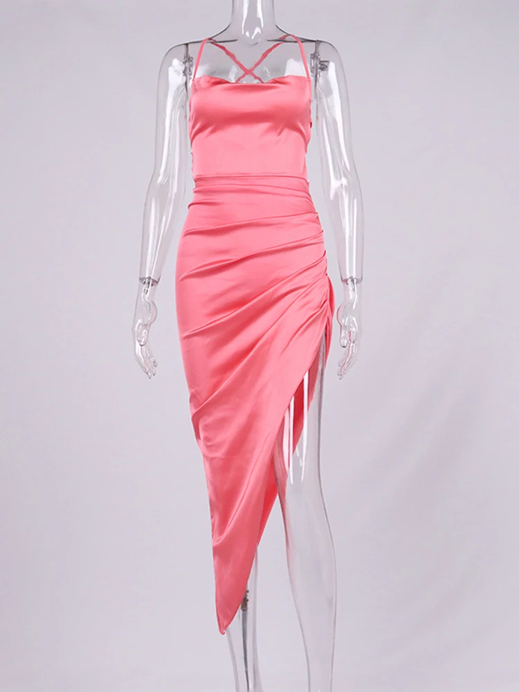 NewAsia Satin Dress Spaghetti Strap Tie up Cowl Neck Backless Split Slim Fit Asymmetrical Maxi Dress Sexy Dresses for Women 2021