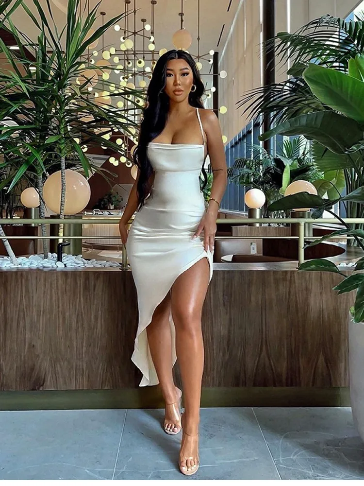 NewAsia Satin Dress Spaghetti Strap Tie up Cowl Neck Backless Split Slim Fit Asymmetrical Maxi Dress Sexy Dresses for Women 2021