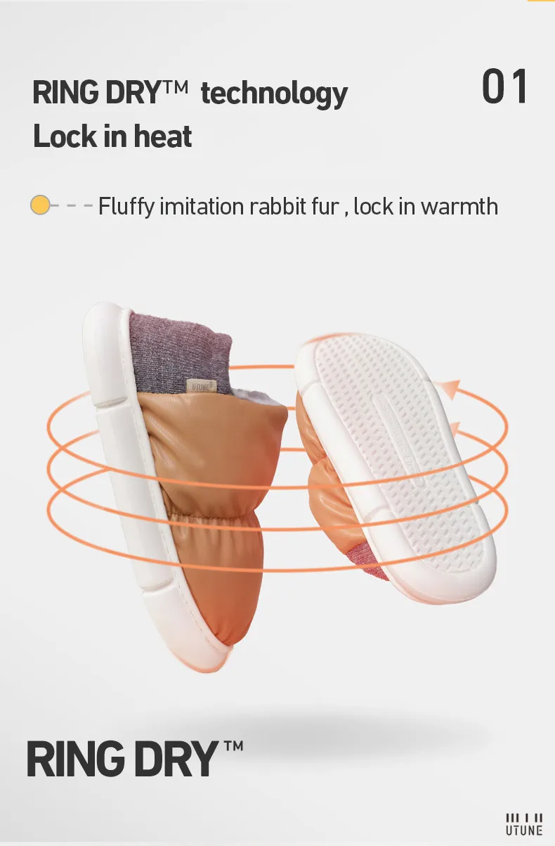 UTUNE Winter Women Slippers Anti-slip Indoor Warm Plush Waterproof Heel Shoes Comfortable Outdoor Casual Easy Walk Fashion