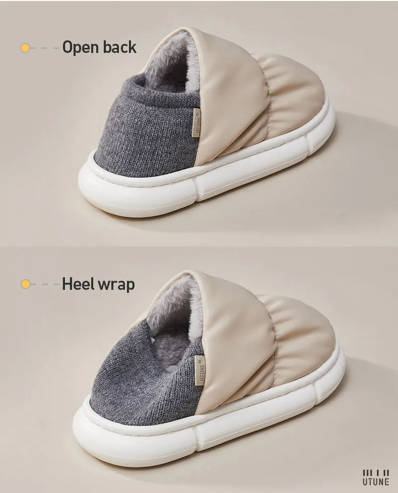 UTUNE Winter Women Slippers Anti-slip Indoor Warm Plush Waterproof Heel Shoes Comfortable Outdoor Casual Easy Walk Fashion