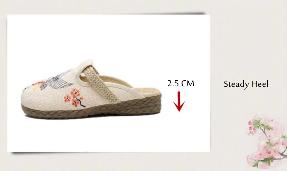 Ethnic Wide Toe Linen Slippers for Women Embroidered Vintage Casual Mules Ladies Trend Summer Slides Female Backless Sandals