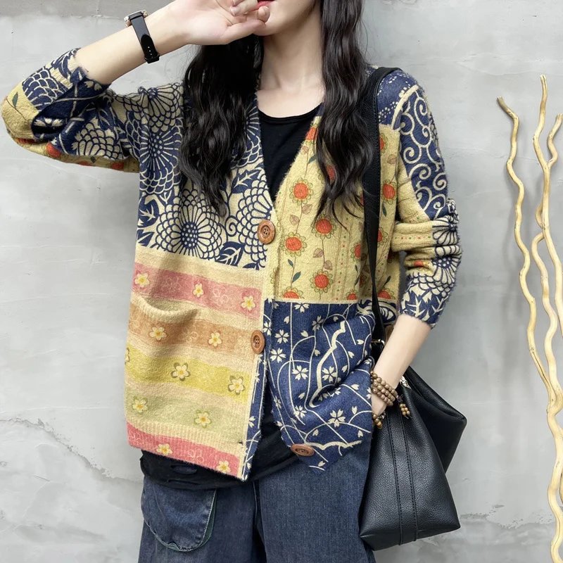 Amax luluE Korean Autumn Vintage Casual V-Neck Sweaters 2024 Womens Button Pockets Cardigans Ladies Flowers Loose Casual Clothes