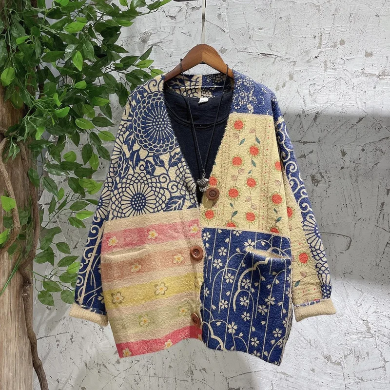 Amax luluE Korean Autumn Vintage Casual V-Neck Sweaters 2024 Womens Button Pockets Cardigans Ladies Flowers Loose Casual Clothes
