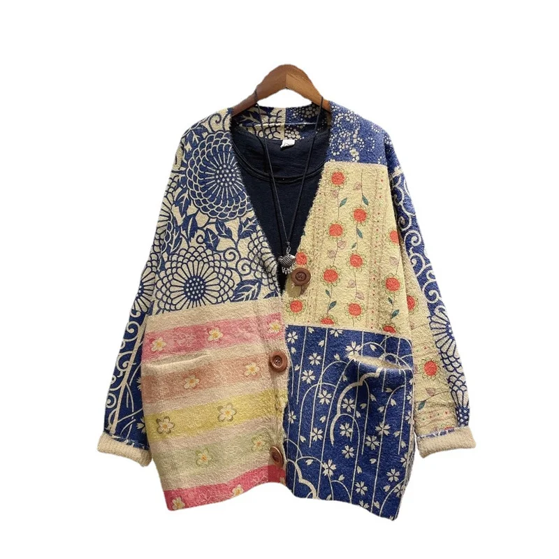 Amax luluE Korean Autumn Vintage Casual V-Neck Sweaters 2024 Womens Button Pockets Cardigans Ladies Flowers Loose Casual Clothes