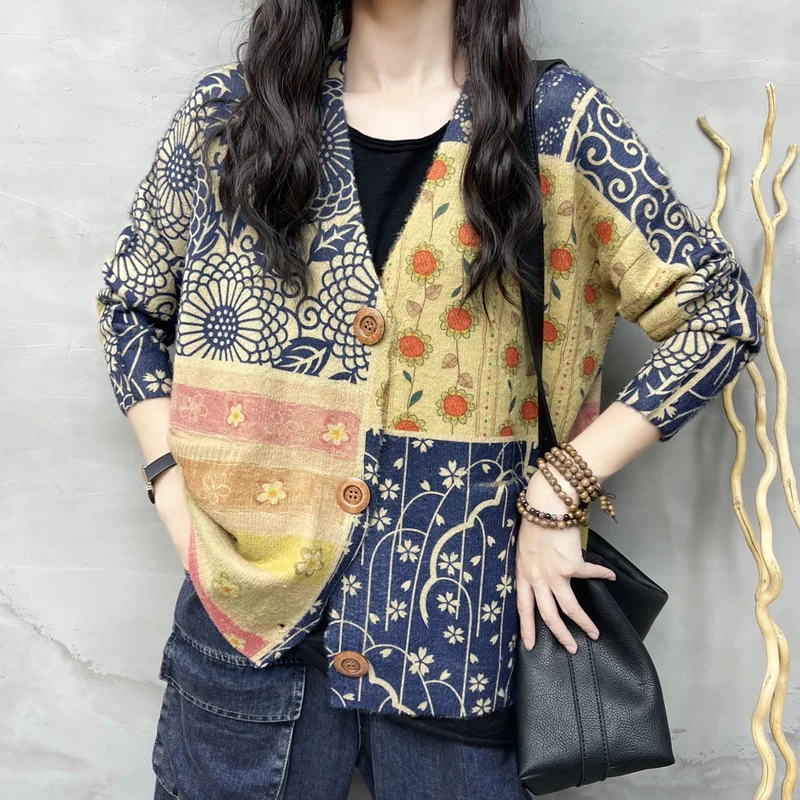 Amax luluE Korean Autumn Vintage Casual V-Neck Sweaters 2024 Womens Button Pockets Cardigans Ladies Flowers Loose Casual Clothes
