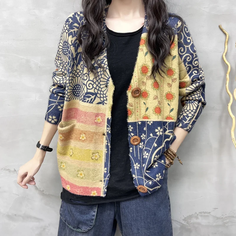 Amax luluE Korean Autumn Vintage Casual V-Neck Sweaters 2024 Womens Button Pockets Cardigans Ladies Flowers Loose Casual Clothes