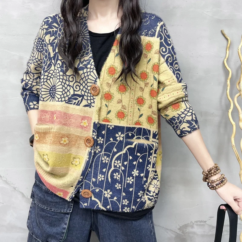 Amax luluE Korean Autumn Vintage Casual V-Neck Sweaters 2024 Womens Button Pockets Cardigans Ladies Flowers Loose Casual Clothes