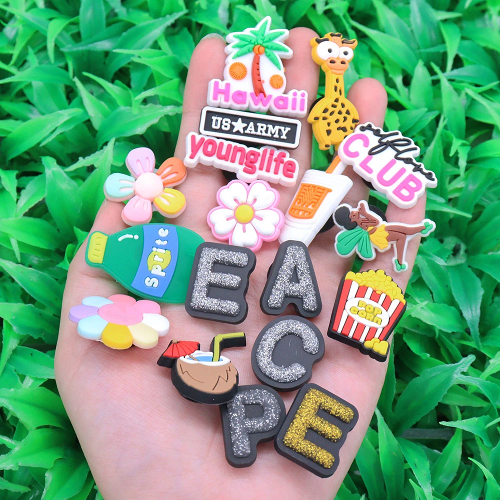 1Pcs Letter Peace Popcorn Conch Flowers PVC Kids Shoe Charms Taco Hawaii Slippers Shoes Decoration DIYcute Holiday Gift