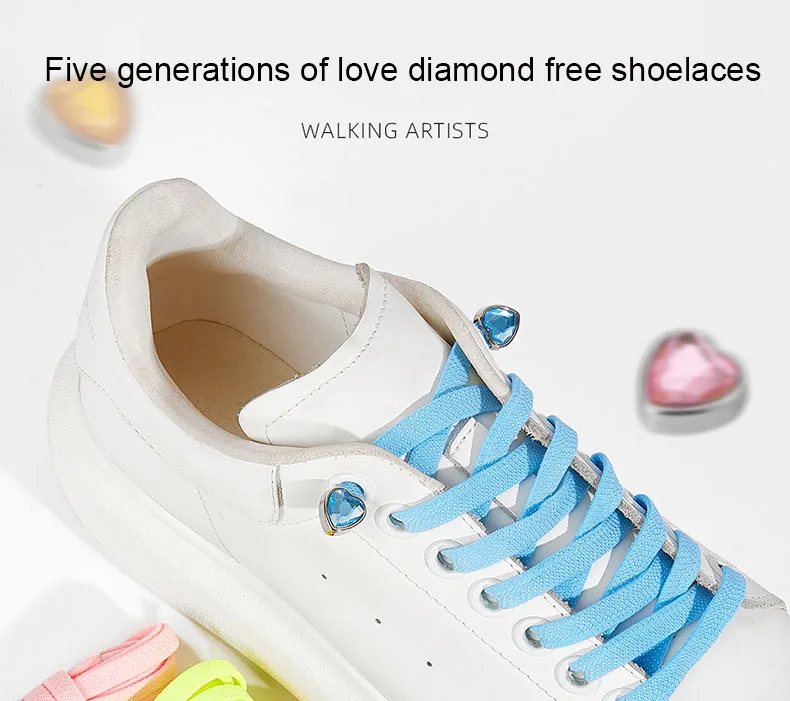 Colorful Heart Diamond Flat Shoelaces for Sneakers Love Rhinestone Elastic Shoe Laces No Tie Shoelace Cute Sports Leisure Buckle
