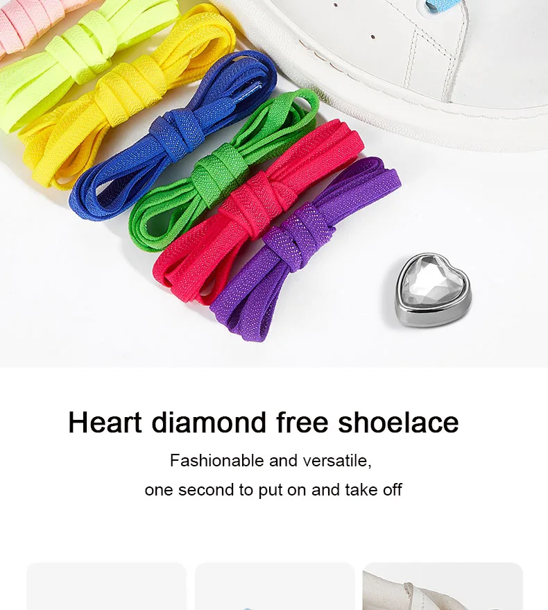 Colorful Heart Diamond Flat Shoelaces for Sneakers Love Rhinestone Elastic Shoe Laces No Tie Shoelace Cute Sports Leisure Buckle