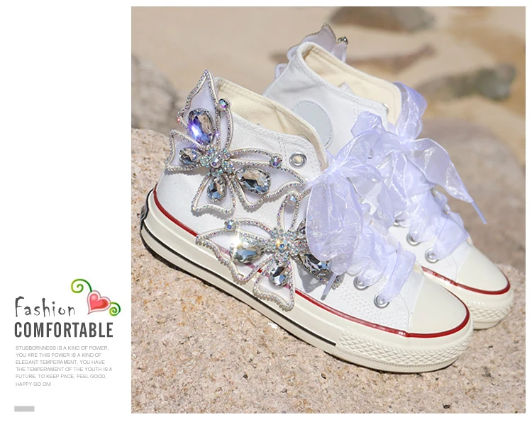 Women Casual Sneakers Fashion Big Bow Canvas Shoes Lady Rhinestone Brand High Top Flat Size 35-44