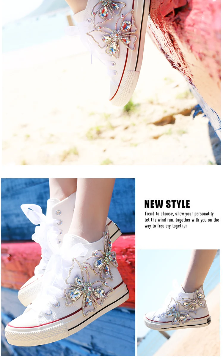 Women Casual Sneakers Fashion Big Bow Canvas Shoes Lady Rhinestone Brand High Top Flat Size 35-44