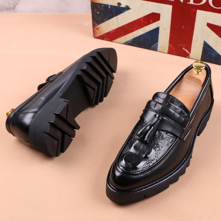 Korean style men casual business wedding formal dress genuine leather tassels shoes slip-on driving shoe black platform loafers