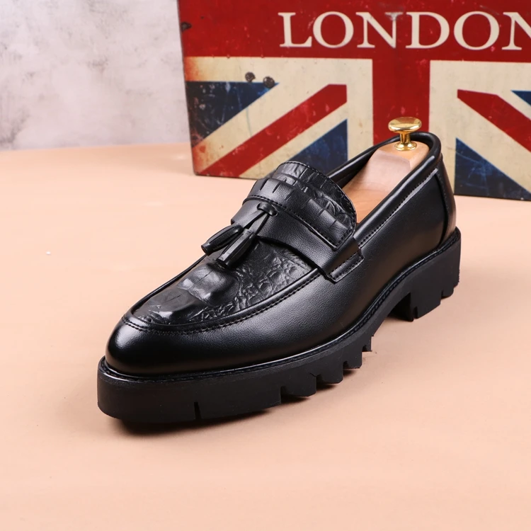 Korean style men casual business wedding formal dress genuine leather tassels shoes slip-on driving shoe black platform loafers