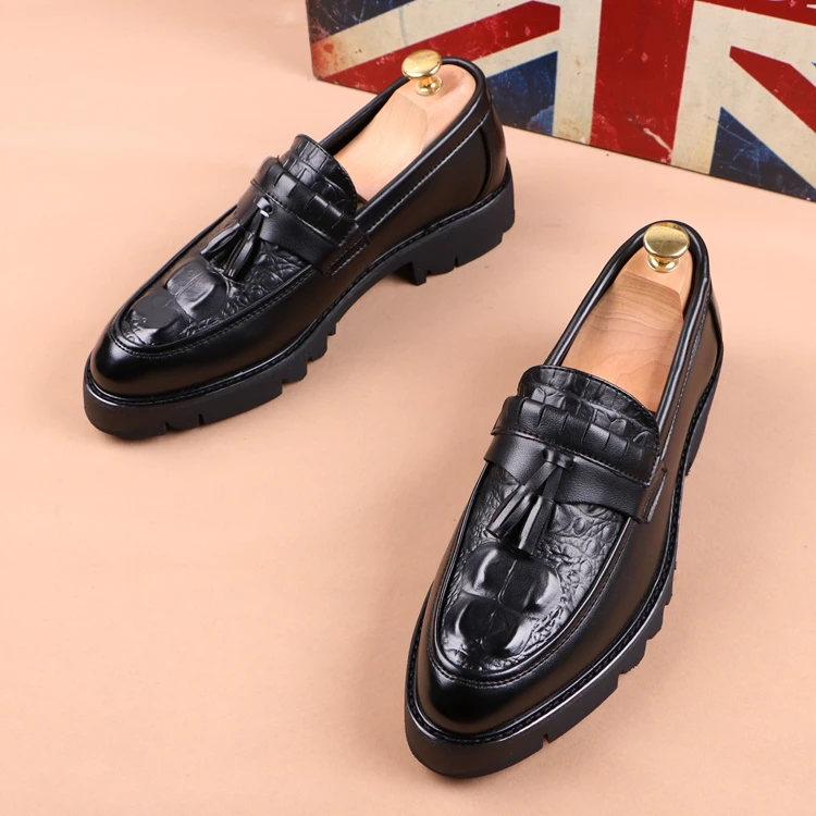Korean style men casual business wedding formal dress genuine leather tassels shoes slip-on driving shoe black platform loafers