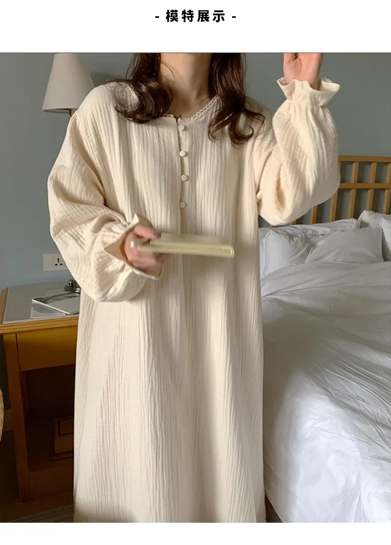 100% Cotton Woman Dress Cute Cherry Print Long Sleeve Button Up Korean Maxi Dresses Comfortable Homewear Vestido De Mujer