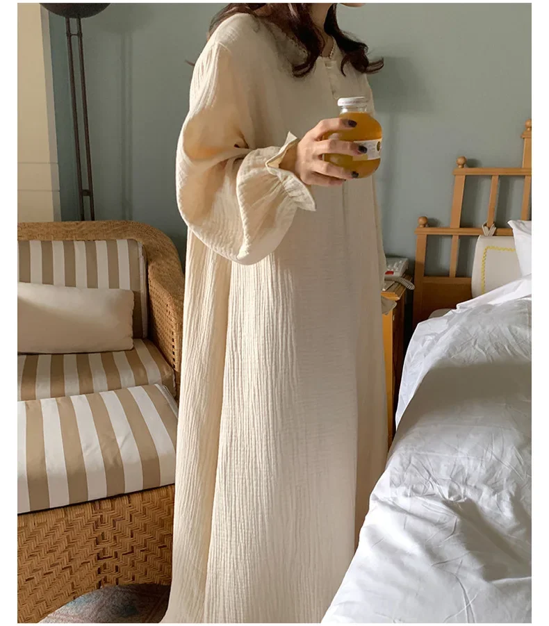 100% Cotton Woman Dress Cute Cherry Print Long Sleeve Button Up Korean Maxi Dresses Comfortable Homewear Vestido De Mujer