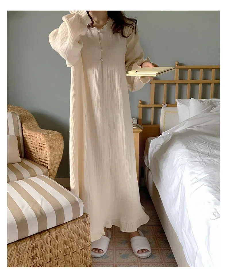 100% Cotton Woman Dress Cute Cherry Print Long Sleeve Button Up Korean Maxi Dresses Comfortable Homewear Vestido De Mujer
