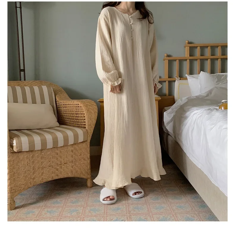 100% Cotton Woman Dress Cute Cherry Print Long Sleeve Button Up Korean Maxi Dresses Comfortable Homewear Vestido De Mujer