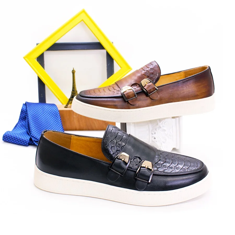 Men's Casual Leather Shoes Genuine Leather Handmade Metal Buckle Men Shoes Lace Up Non-Slip Flat Shoes Banquet Party Men's Shoes