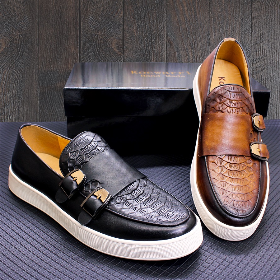 Men's Casual Leather Shoes Genuine Leather Handmade Metal Buckle Men Shoes Lace Up Non-Slip Flat Shoes Banquet Party Men's Shoes
