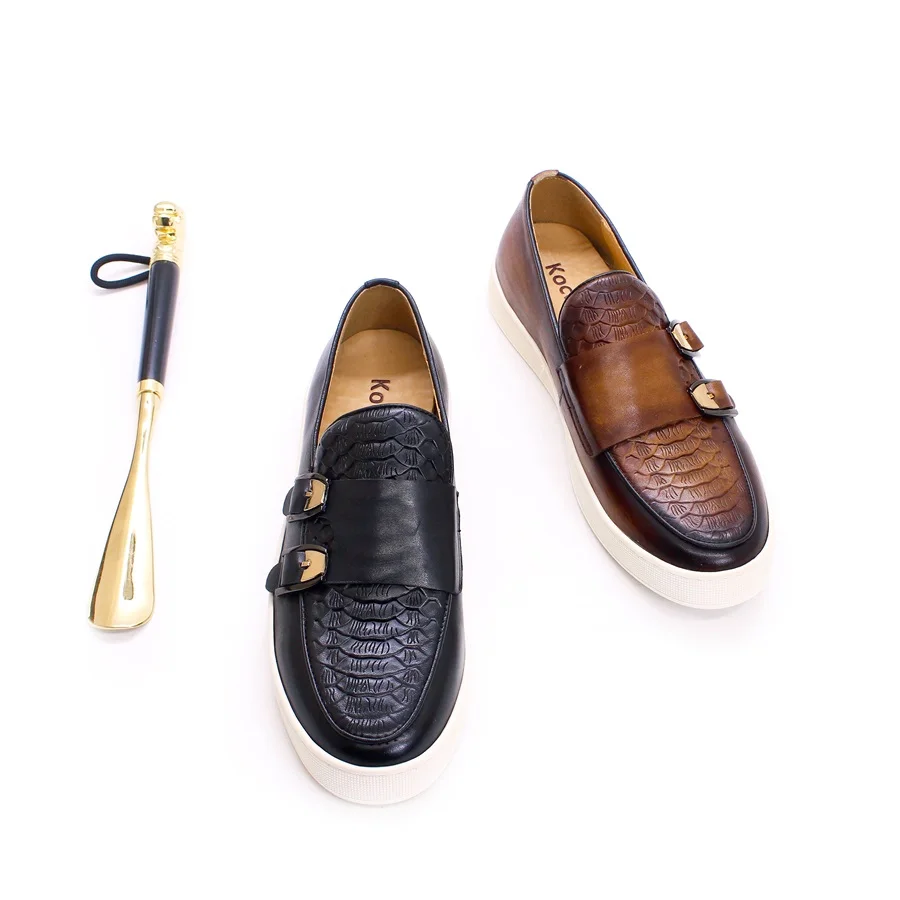 Men's Casual Leather Shoes Genuine Leather Handmade Metal Buckle Men Shoes Lace Up Non-Slip Flat Shoes Banquet Party Men's Shoes