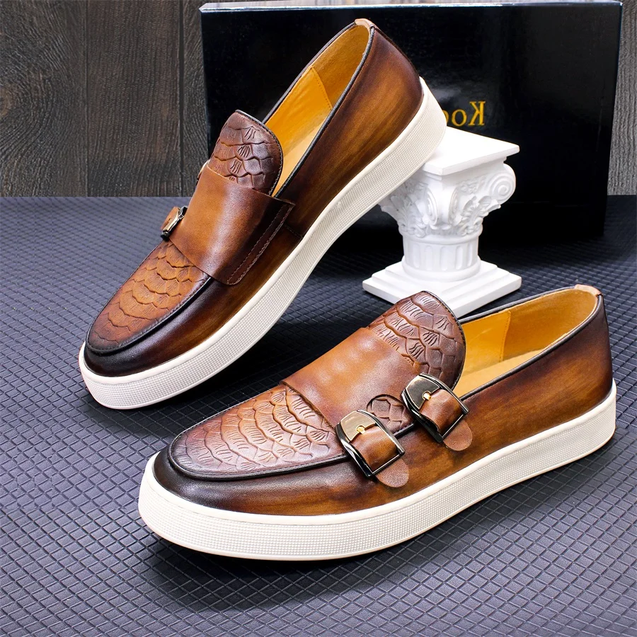 Men's Casual Leather Shoes Genuine Leather Handmade Metal Buckle Men Shoes Lace Up Non-Slip Flat Shoes Banquet Party Men's Shoes