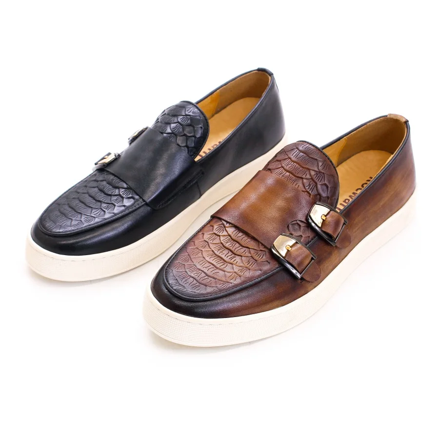 Men's Casual Leather Shoes Genuine Leather Handmade Metal Buckle Men Shoes Lace Up Non-Slip Flat Shoes Banquet Party Men's Shoes
