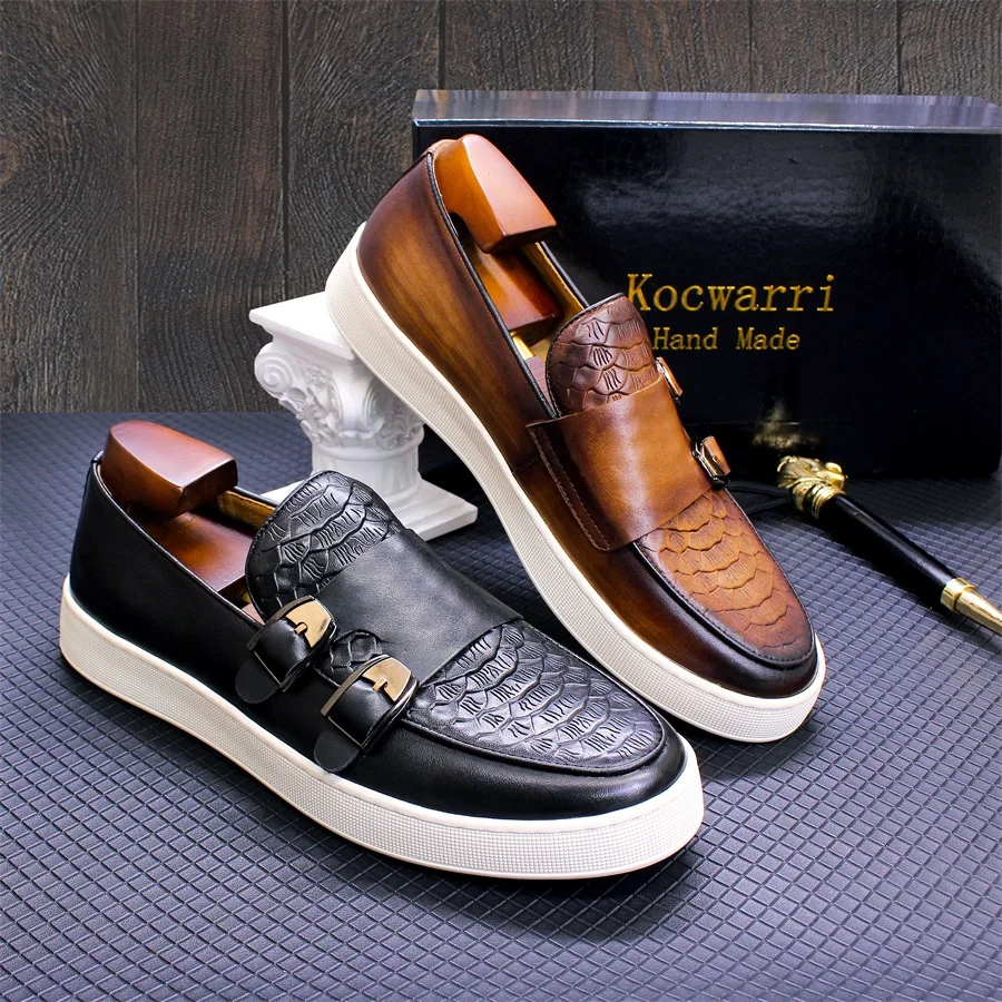 Men's Casual Leather Shoes Genuine Leather Handmade Metal Buckle Men Shoes Lace Up Non-Slip Flat Shoes Banquet Party Men's Shoes