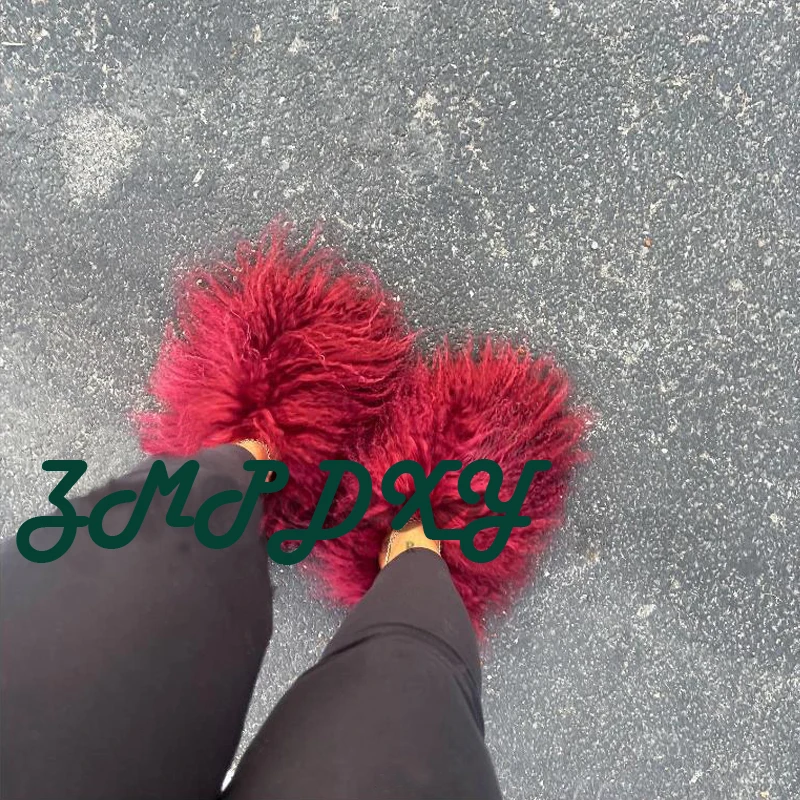 Pantuflas De Peluches Slip On Zapatillas Fluffy Plush Fuzzy Faux Mongolian Fur Slippers Goat Hair Fur Slides Slippers For Women