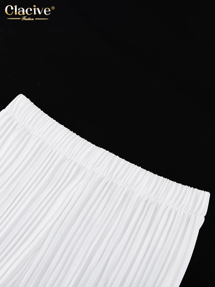 Clacive Summer Sexy Sleeveless Lace-up Shirt Two Piece Set Women Elegant High Wiast Pants Set Casual White Pleated Trouser Suits