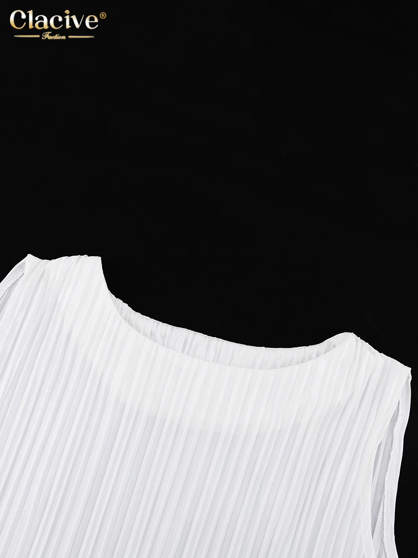 Clacive Summer Sexy Sleeveless Lace-up Shirt Two Piece Set Women Elegant High Wiast Pants Set Casual White Pleated Trouser Suits