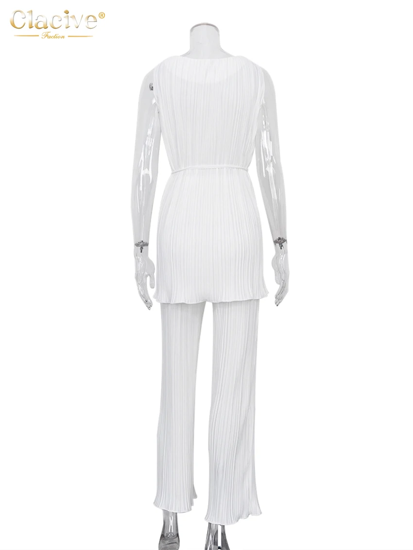 Clacive Summer Sexy Sleeveless Lace-up Shirt Two Piece Set Women Elegant High Wiast Pants Set Casual White Pleated Trouser Suits