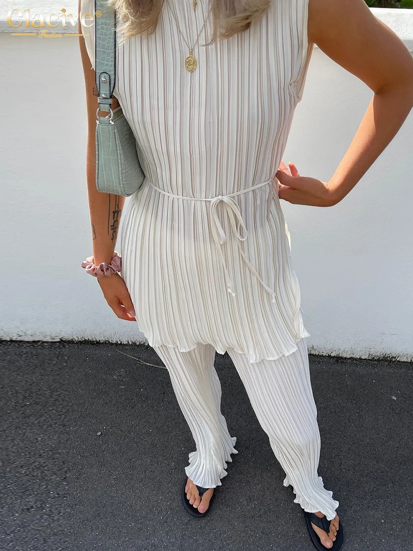 Clacive Summer Sexy Sleeveless Lace-up Shirt Two Piece Set Women Elegant High Wiast Pants Set Casual White Pleated Trouser Suits