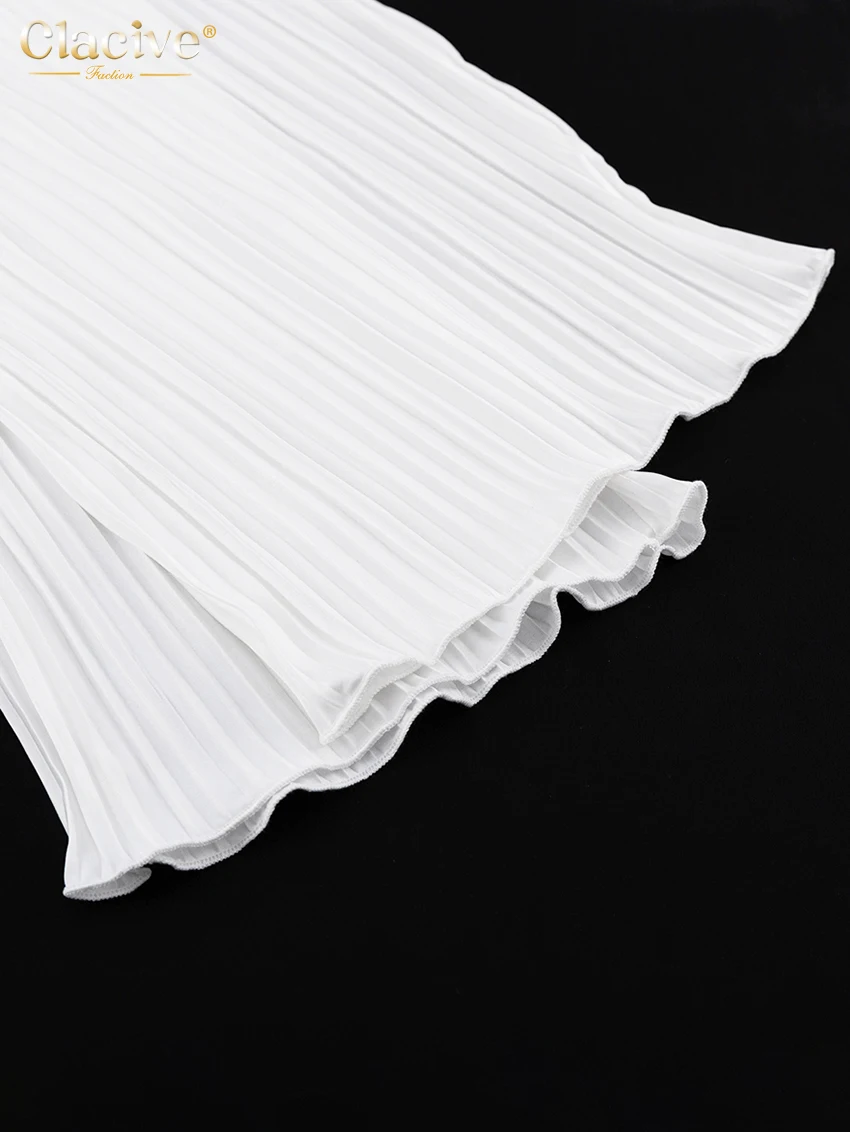 Clacive Summer Sexy Sleeveless Lace-up Shirt Two Piece Set Women Elegant High Wiast Pants Set Casual White Pleated Trouser Suits