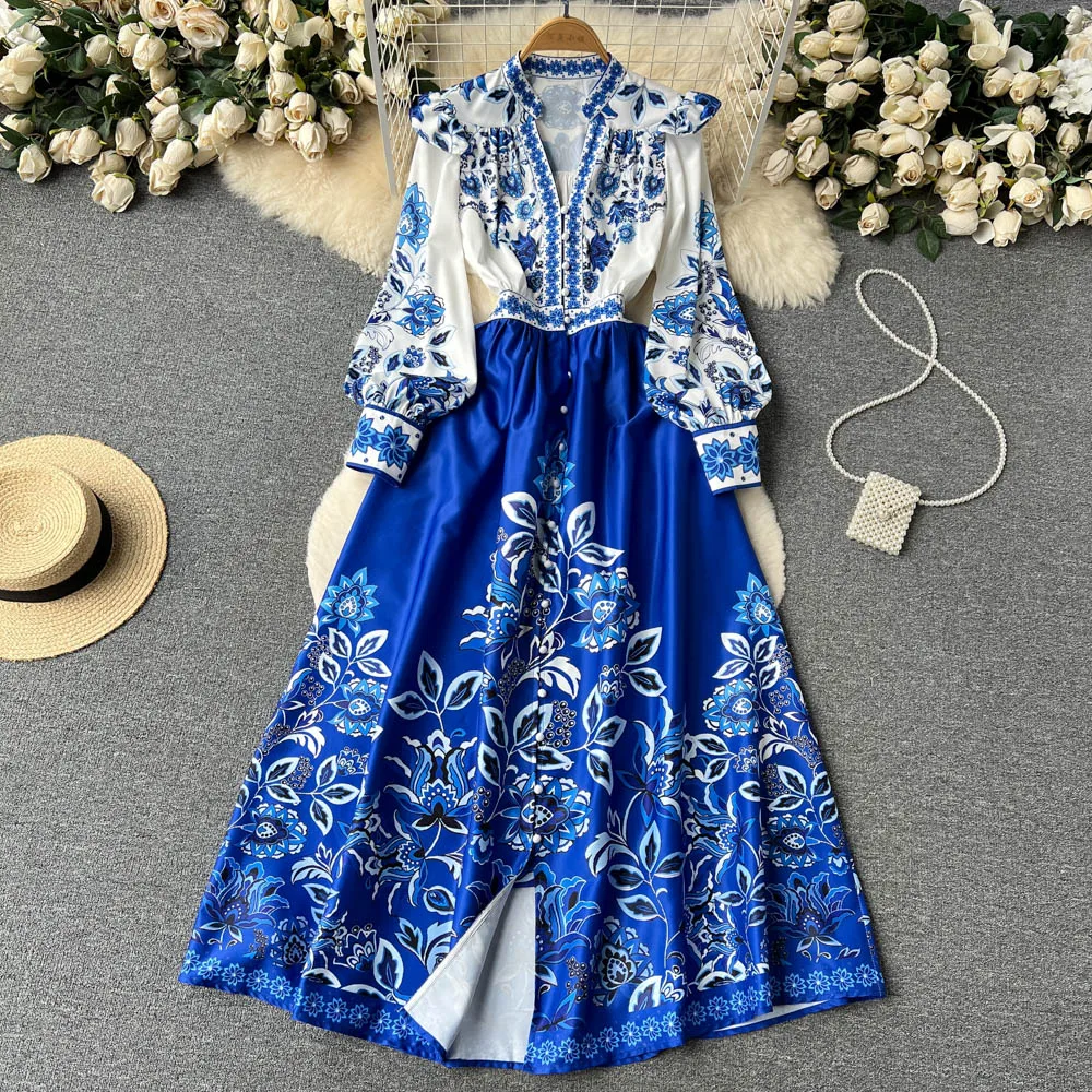 Women's Dress Palace Retro Printing Spring Autumn Winter Long Sleeve Elegant Dresses Single Breasted A-Line Shirts Vestidos Robe