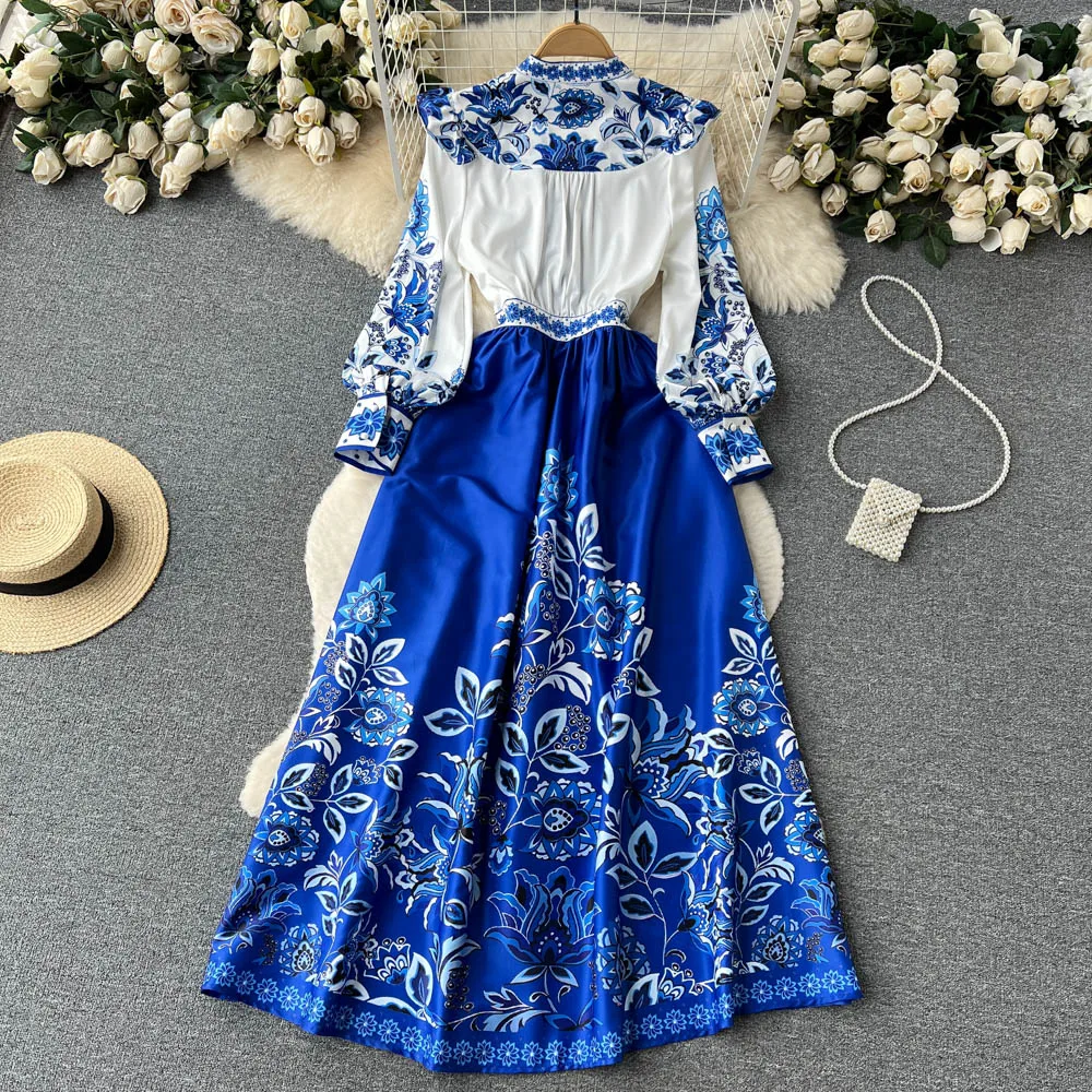 Women's Dress Palace Retro Printing Spring Autumn Winter Long Sleeve Elegant Dresses Single Breasted A-Line Shirts Vestidos Robe