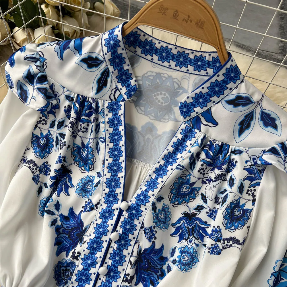Women's Dress Palace Retro Printing Spring Autumn Winter Long Sleeve Elegant Dresses Single Breasted A-Line Shirts Vestidos Robe