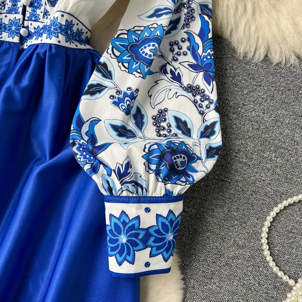 Women's Dress Palace Retro Printing Spring Autumn Winter Long Sleeve Elegant Dresses Single Breasted A-Line Shirts Vestidos Robe
