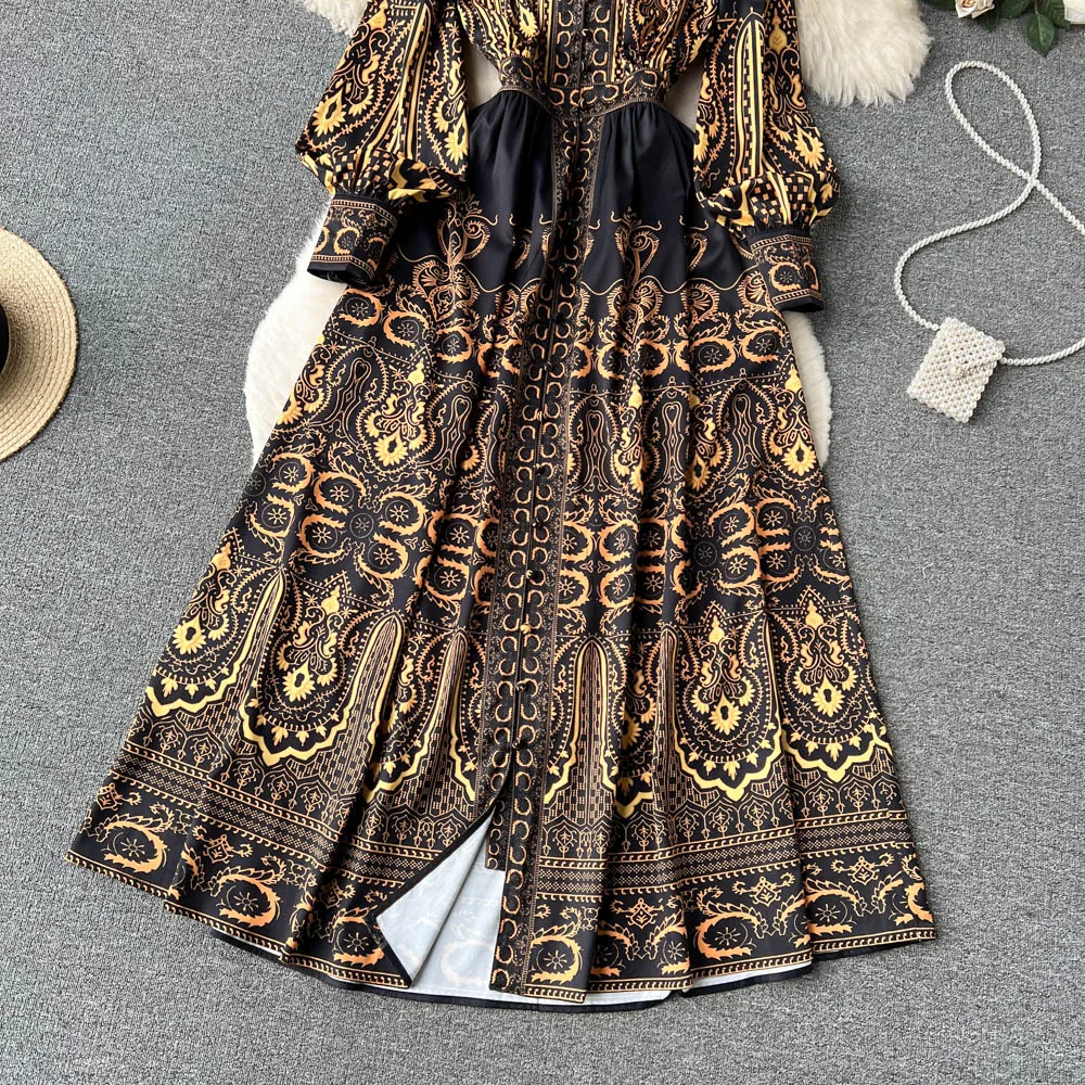 Women's Dress Palace Retro Printing Spring Autumn Winter Long Sleeve Elegant Dresses Single Breasted A-Line Shirts Vestidos Robe
