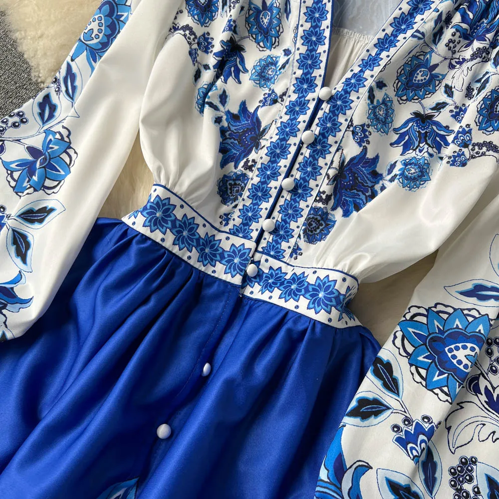 Women's Dress Palace Retro Printing Spring Autumn Winter Long Sleeve Elegant Dresses Single Breasted A-Line Shirts Vestidos Robe